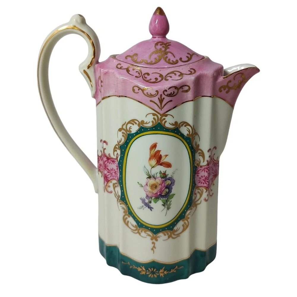 Vintage Royal Vienna Chocolate Pot with Four Cups Set Victorian Woman Pink Tea‎
